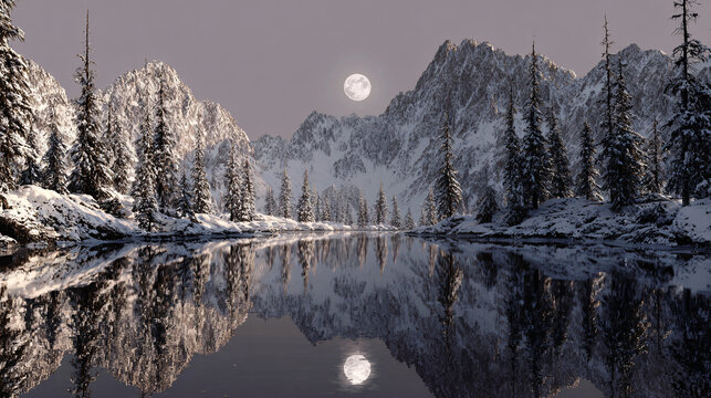 Christmas snowy lake with moon reflection