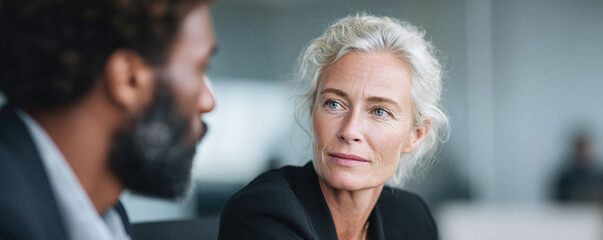 Intense business discussion. Mature woman listens thoughtfully to a colleague. Represents collaboration, strategy, leadership, and diverse workplaces. Perfect for corporate materials.