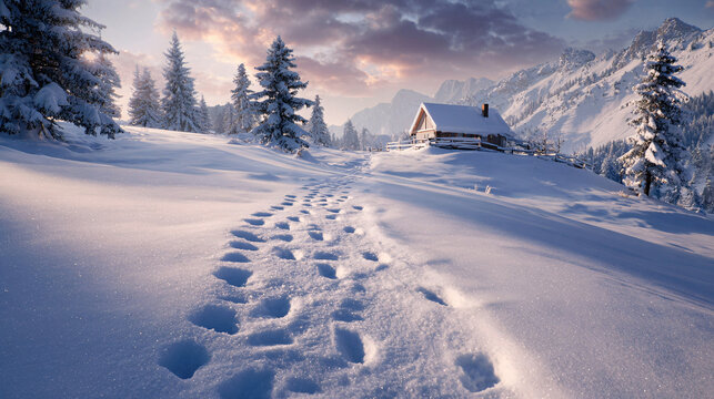 Christmas snowy landscape with footprints leading to house 