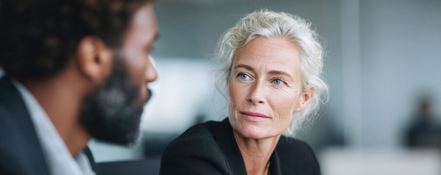 Intense business discussion. Mature woman listens thoughtfully to a colleague. Represents collaboration, strategy, leadership, and diverse workplaces. Perfect for corporate materials.
