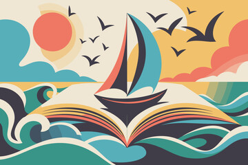 Obraz premium Whimsical Sailing Adventure with Colorful Boat Emerging from Open Book Against a Vibrant Sunset