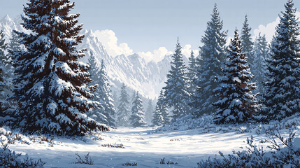 Christmas snowy meadow with pine forest backdrop