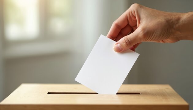 Hand inserts blank card into wooden ballot box slot. Person makes choice or votes in organized setting. Public participation action or decision making concept.