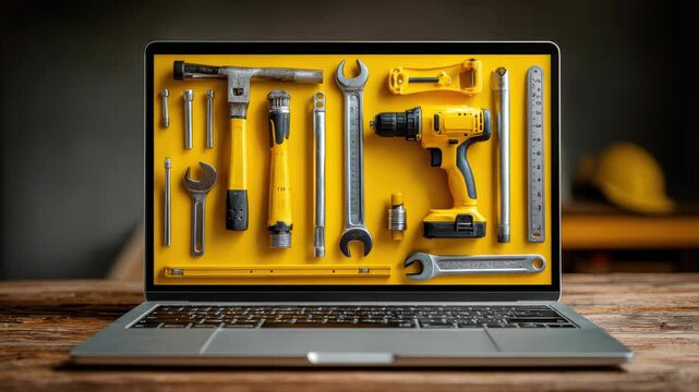 digital marketplace for building materials with flat lay of construction tools, laptop showing website interface for online shopping, modern e-commerce concept for renovation and trade
