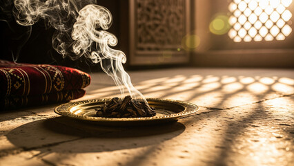 Oud incense smoke curling from brass plate in sunlit Saudi room with patterned carpet and lattice shadows