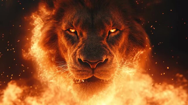Majestic lion head emerges from flames portraying strength and fierceness in a fiery background