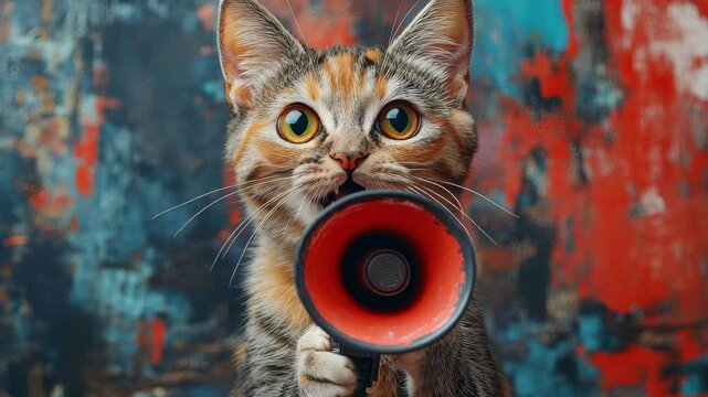 Cat holding a megaphone in vibrant artistic setting conveys a playful and humorous message to viewers