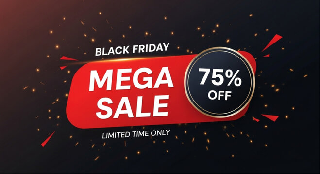 A dynamic and captivating announcement design for the Black Friday Mega Sale, with the vibrant red and black palette, featuring a bold 75% OFF to entice customers.  vector illustration
