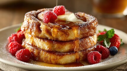 Delicious stack of french toast with raspberries and syrup drizzle