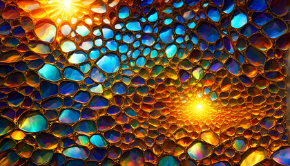 Colorful abstract pattern resembling solar cells or honeycomb, glowing with golden light and vibrant reflections.