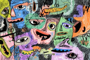 Obraz premium Quirky collage of distorted cartoon faces blending humor and unease, ideal for posters and zine art.