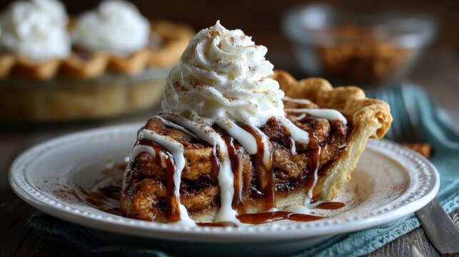 Cinnamon roll pie slice with whipped cream and caramel drizzle