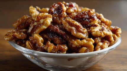 Crunchy candied walnuts in glass bowl on wooden surface