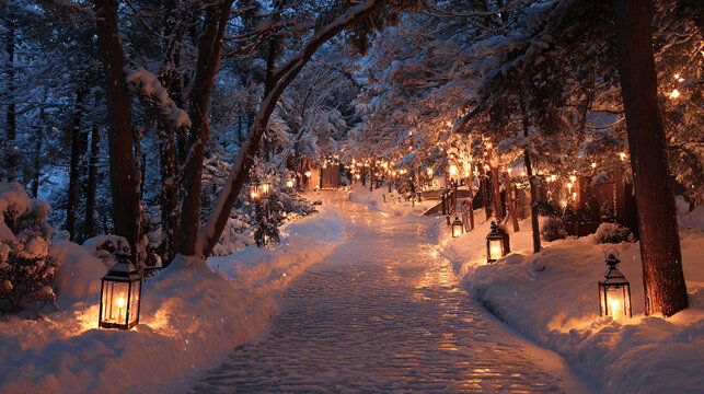 Christmas snowy pathway with lanterns lighting the trail - Powered by Adobe