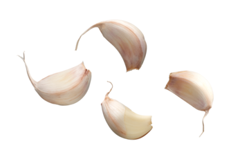 PNG image of Four garlic cloves are showcasing their fresh texture and natural color perfect for culinary blogs and healthy eating promotions recipe illustrations on transparent background