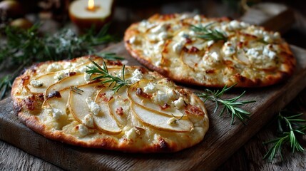 Pear, Brie and Rosemary Flatbreads. Rustic flatbread with pears, goat cheese, and rosemary on wooden board