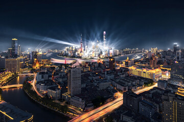 Fototapeta premium Shanghai Skyline Night: Dramatic Light Beams Over Illuminated Modern Cityscape