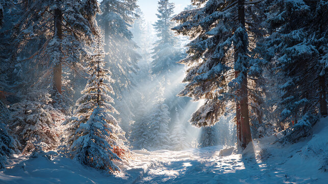 Christmas snowy pine forest with sunlight