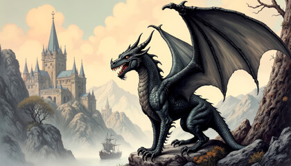 Obraz premium Incredibly beautiful and wonderful dragon from the book by Robin Hobb in the fairytale city of Kelsingra
