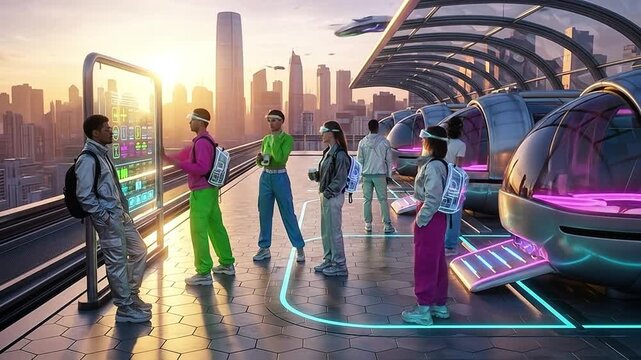 Futuristic commuters interact with holographic schedules at a high-speed travel hub overlooking a sleek city skyline