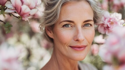 Fototapeta premium A woman with a smile on her face is standing in front of a tree with pink flowers. She looks happy and content