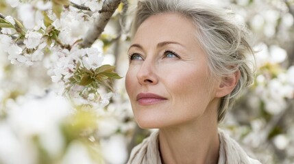 Fototapeta premium A woman with grey hair and a white scarf is standing in front of a tree with pink flowers