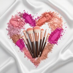 Makeup brushes and blush compact with crushed powders in heart shape, flat lay for Saint valentine beauty and spa campaign