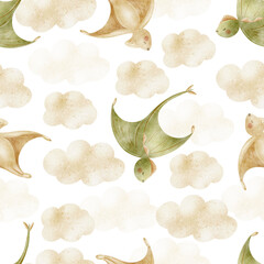 Dinosaur flying pterosaur. Watercolor illustration dino in childish style. Hand-drawn isolated from background for textiles, fabrics, clothing, wallpaper, packaging, postcards for museums, excavations