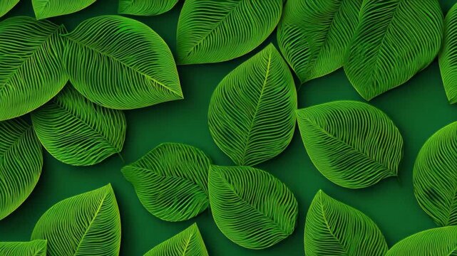 Various green leaves arranged on a dark green background showcasing intricate details of nature's design in bright daylight