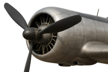 Vintage aircraft engine with propeller and radial mechanism, detailing old aviation technology, transparent background