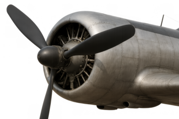 Vintage aircraft engine with propeller and radial mechanism, detailing old aviation technology, transparent background