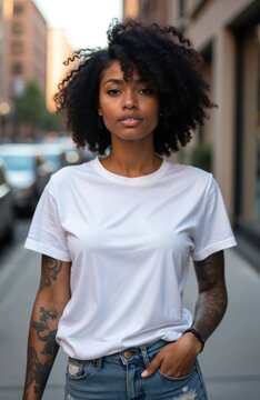 Beautiful african american woman with tattoos, curly afro hair on city street. Confident young female in white t-shirt mockup, jeans poses outdoors. Attractive black person with natural hairstyle