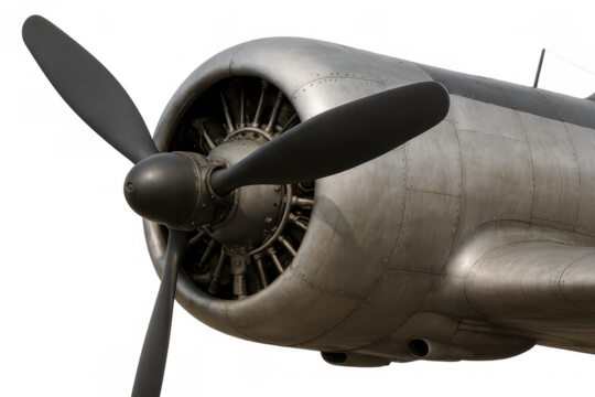 Vintage aircraft engine with propeller and radial mechanism, detailing old aviation technology, transparent background