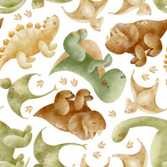 Dinosaur pattern Stegosaurus Triceratops Tyrannosaurus Pterosaur. Watercolor illustration, hand-drawn in childish style. Seamless print isolated from background for textiles fabrics clothing wallpaper