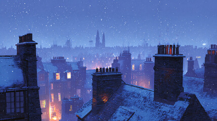 Fototapeta premium Christmas snowy rooftops and chimneys at dusk 