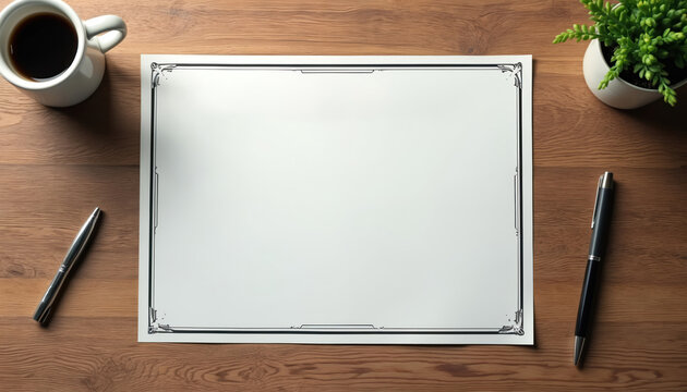 Empty certificate template with decorative border on light brown wooden desk. Coffee cup, two pens, small potted plant on tabletop. Clean document ready for awards, diplomas, corporate recognition.