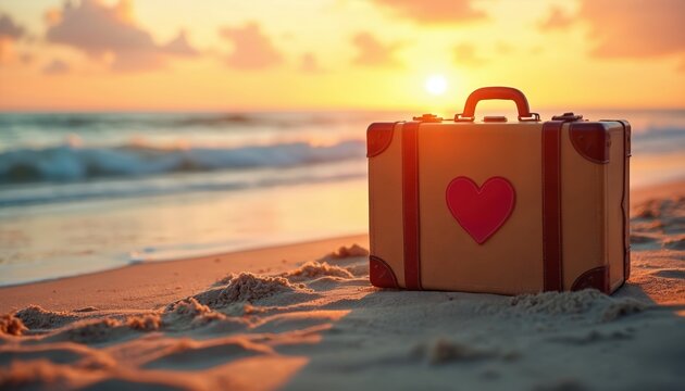 Vintage suitcase with heart rests on sandy beach near ocean waves at sunset. Warm sun illuminates sand and sea, signaling a romantic journey or getaway.