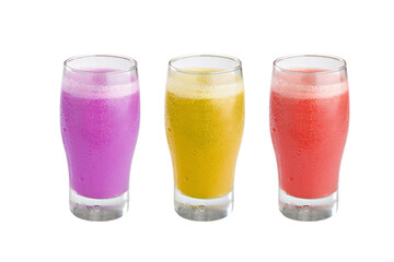 PNG image of Three colorful fruit smoothies in glass cups showcasing vibrant purple yellow and red hues against a clean perfect for healthy eating  on transparent background