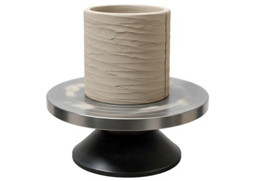 Clay cylinder on pottery wheel for ceramics class