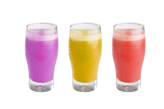 PNG image of Three colorful fruit smoothies in glass cups showcasing vibrant purple yellow and red hues against a clean perfect for healthy eating  on transparent background