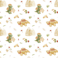 Pattern dinosaurs Tyrannosaurus Stegosaurus traveling in mountains. Watercolor illustration, hand-drawn in childish style. Seamless print isolated background for textiles fabrics clothing wallpaper