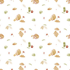 Pattern featuring hiking backpack hat map leaves travel essentials. Watercolor illustration, hand-drawn childish style. Seamless print isolated from background for textiles fabrics clothing wallpaper