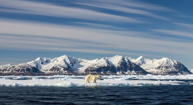 Majestic polar bear walking on a large ice floe in the arctic ocean with snow capped mountains under a blue sky and white clouds.