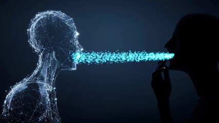 Digital interaction between a human and a virtual form takes center stage in a dark setting, highlighting technology's impact on communication - Powered by Adobe