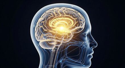 Semi-realistic digital illustration of a transparent human head with a glowing mystical pineal gland inside, illuminated by golden and blue cinematic light, painterly texture, ultra-detailed 4K 