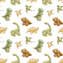 Dinosaur pattern Stegosaurus Triceratops Tyrannosaurus Pterosaur. Watercolor illustration, hand-drawn in childish style. Seamless print isolated from background for textiles fabrics clothing wallpaper