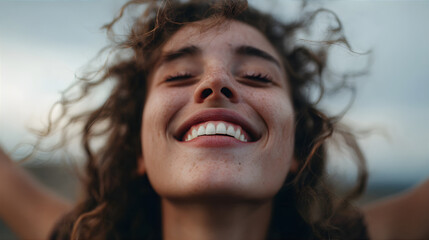 Woman with closed eyes and wide smile expressing pure joy and freedom. Concept of happiness, positive emotion, and healthy lifestyle.