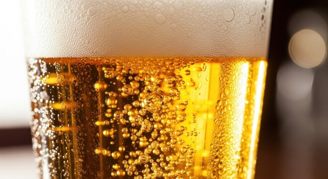 Close up view of a cold refreshing golden beer with a thick frothy white foam head and vibrant rising bubbles.