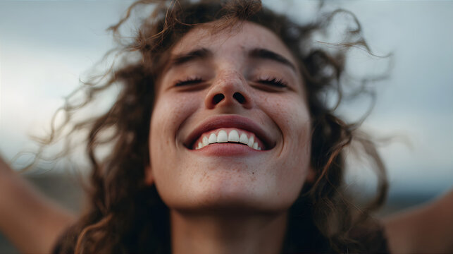 Woman with closed eyes and wide smile expressing pure joy and freedom. Concept of happiness, positive emotion, and healthy lifestyle.