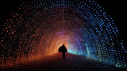 Fototapeta premium A person walks through a tunnel lit with colorful lights. The lights are arranged in a way that creates a sense of depth and movement. The tunnel seems to be a part of a larger installation or event